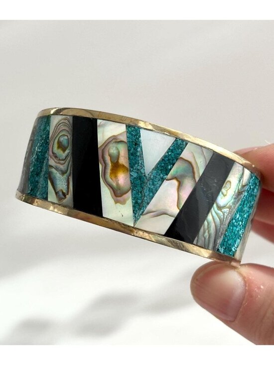 Abalone & Turquoise Hecho De Mexico Gold T Alpaca Silver Vintage Cuff Bracelet - Picture 1 of 16